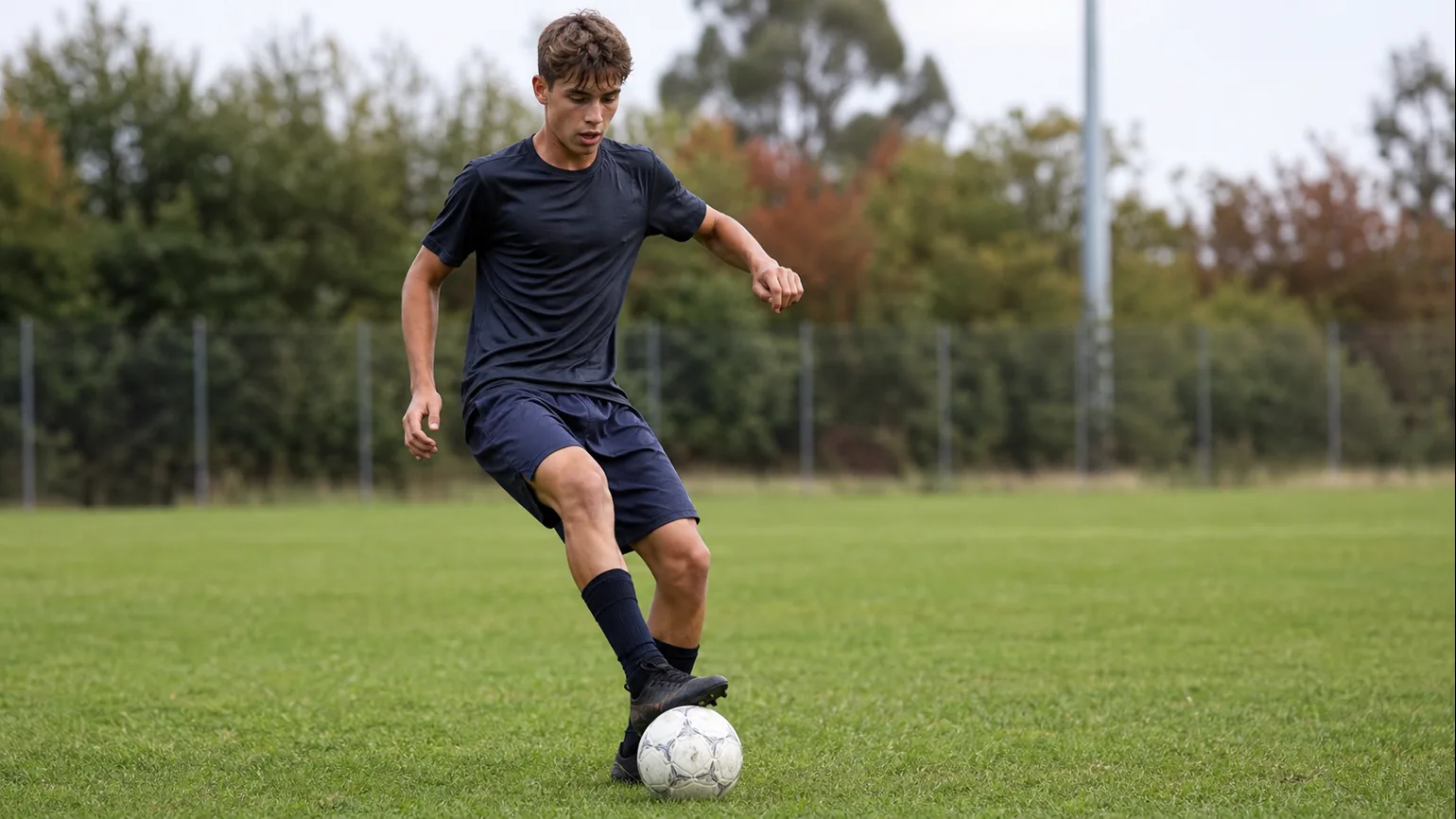 An anonymous youth footballer receiving a clean first touch and preparing the next action on a local grass pitch, realistic daily training