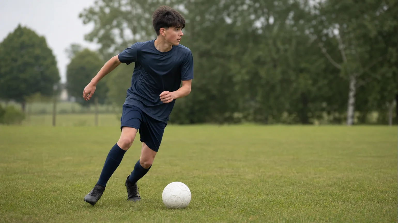 An anonymous youth footballer pausing before contact, checking the space around a first touch on a local grass pitch