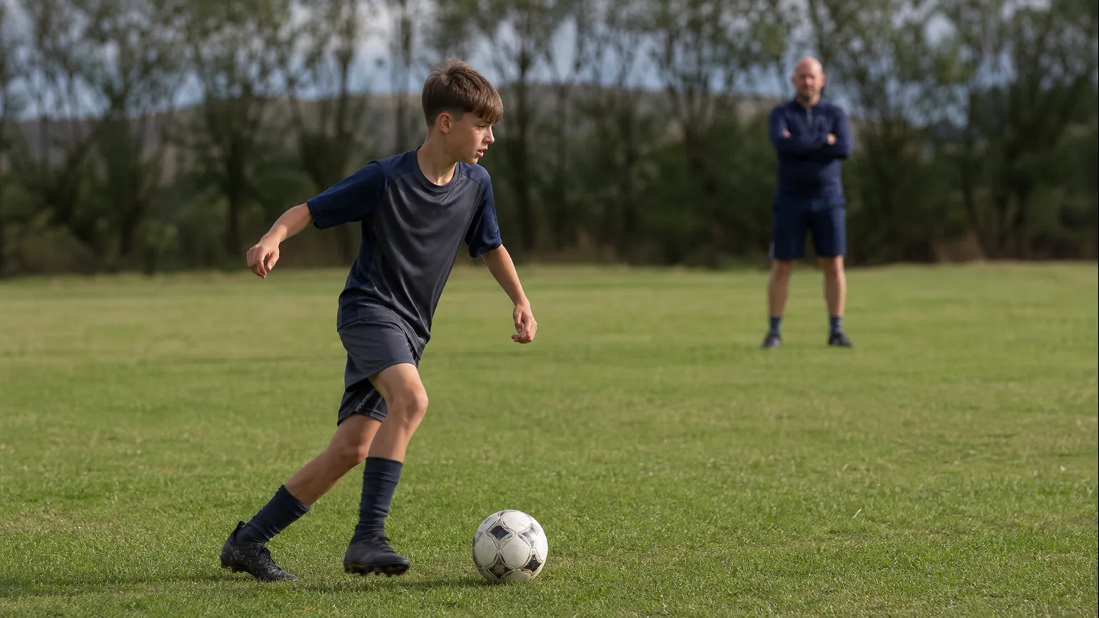 An anonymous youth footballer preparing the next action after a first touch on a local grass pitch, Coach Joe teaching from a respectful...