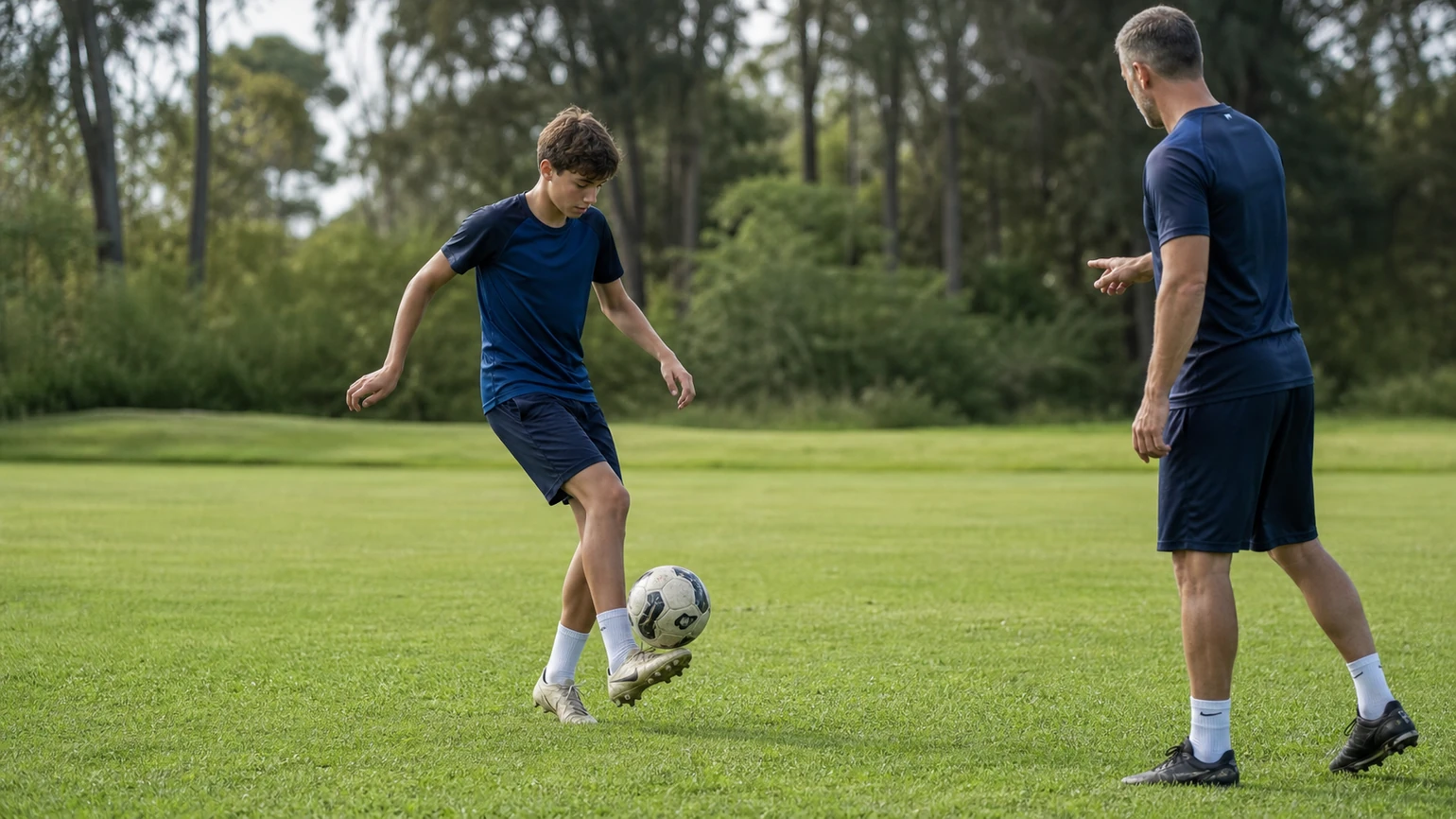 source-aligned illustrative page visual for the A2P Amateur to Pro homepage: an anonymous 12- to 16-plus youth player working one-on-one...