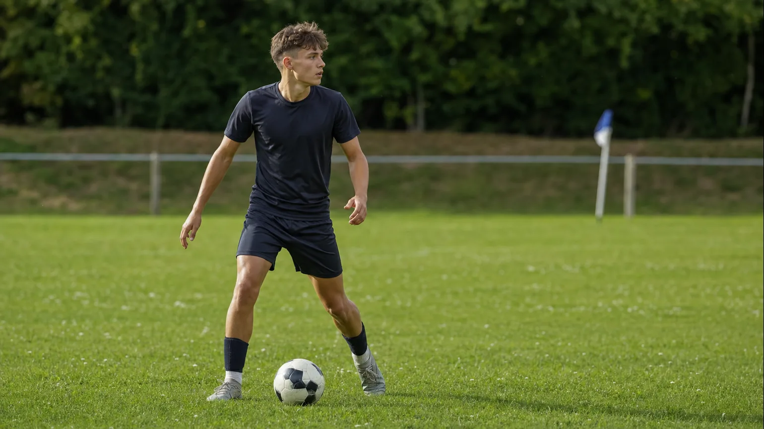 An anonymous older youth footballer scanning before receiving at a local training ground, teammate option implied by the open body shape