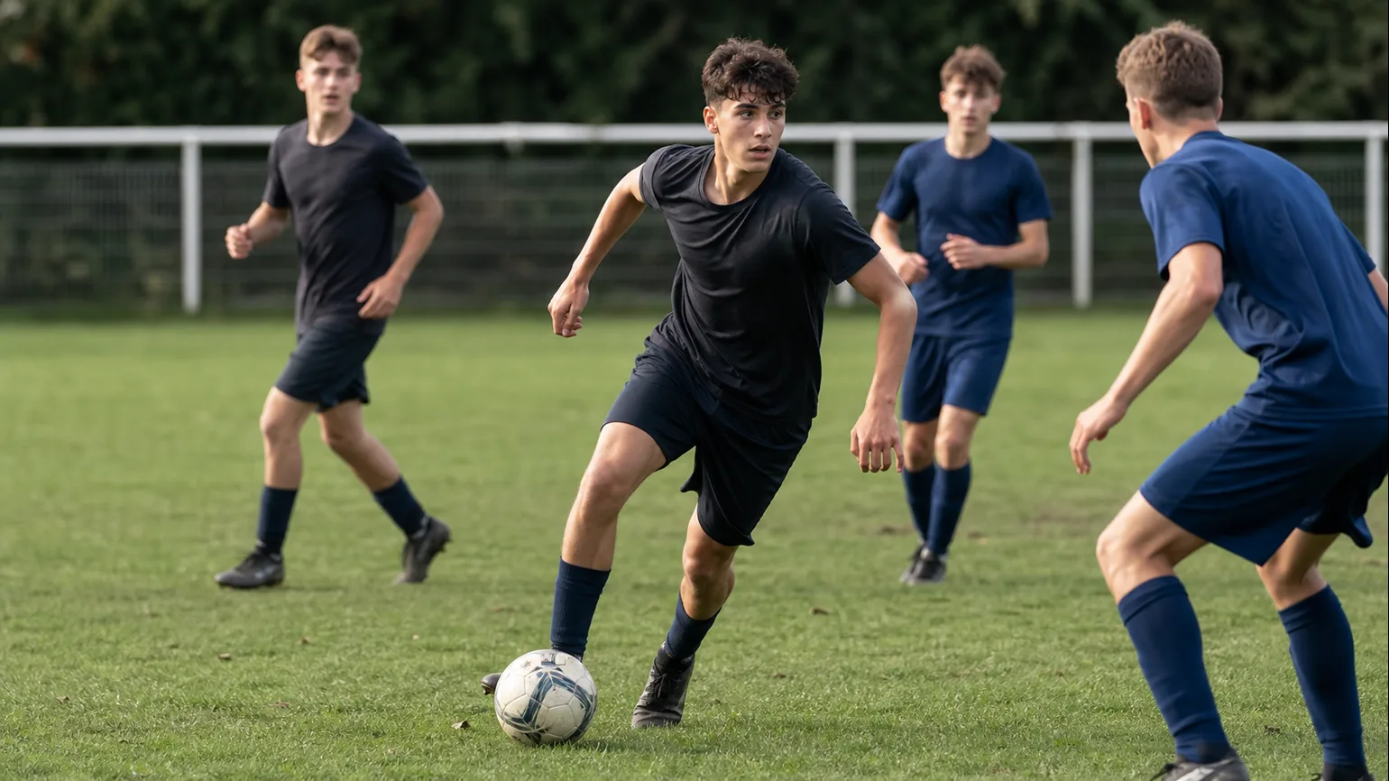 An anonymous teenage footballer carrying the ball into a tight local-match space, head up and body ready to choose the next action