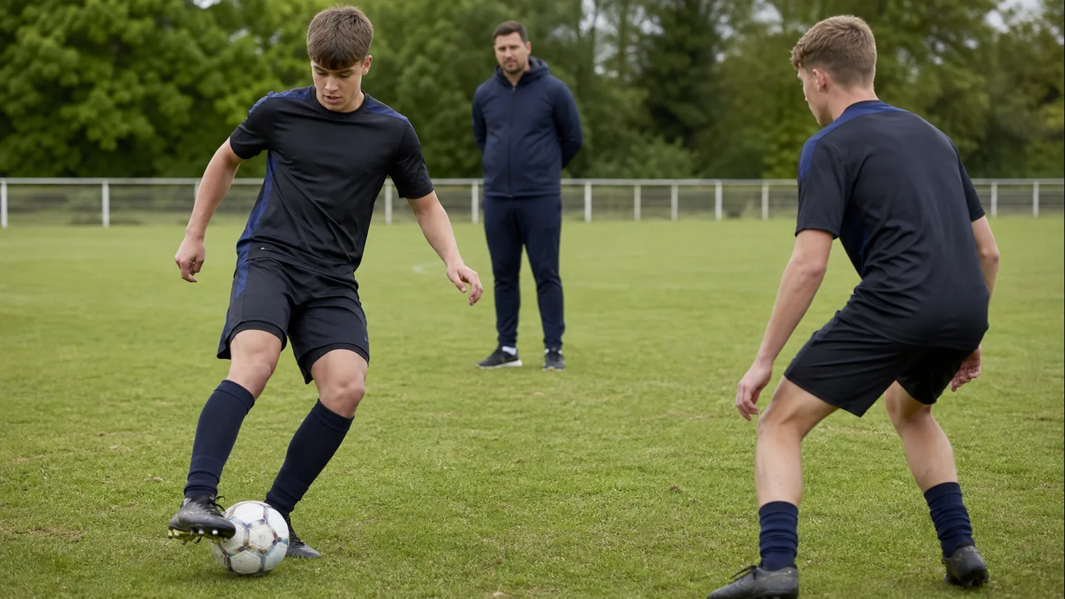 An anonymous serious youth footballer repeating a precise receiving detail under light pressure at a local training ground, coach...