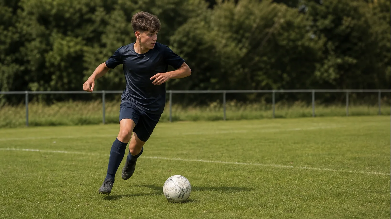 An anonymous youth footballer moving from a controlled first touch into space on a local grass pitch, realistic pressure implied without...