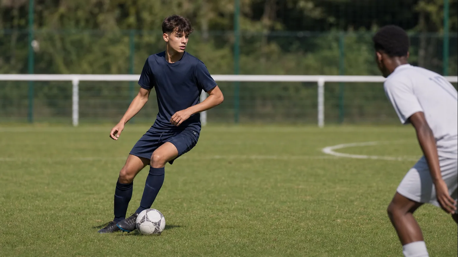 An anonymous youth footballer preparing to receive under pressure on a local training pitch, scanning before contact with the next...