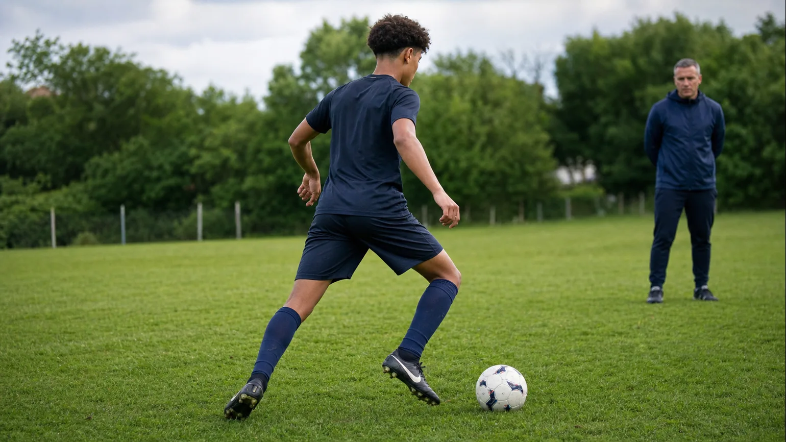 An anonymous youth footballer opening the hips before a first touch while a coach observes from a respectful distance at a local...