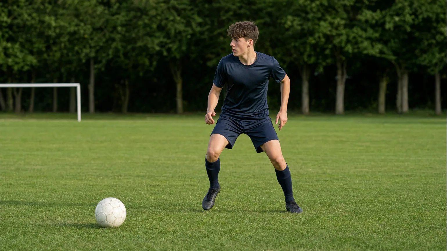 An anonymous youth footballer checking body shape and decision speed before receiving on a local grass pitch, balanced readable daylight