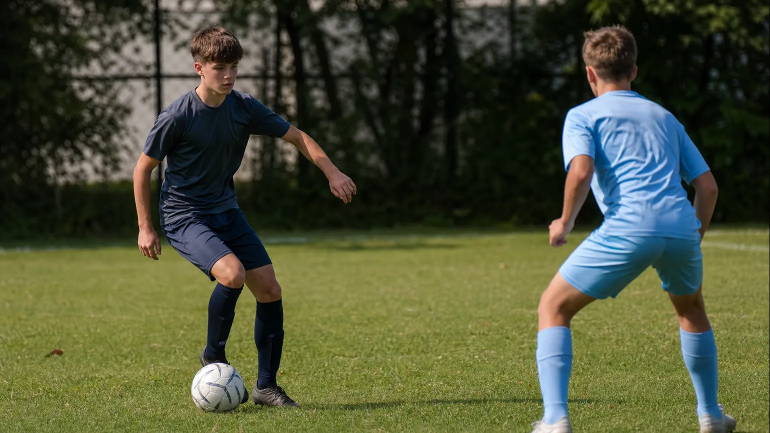 An anonymous youth footballer opening the body before receiving under realistic pressure on a local grass pitch, the next action visible...