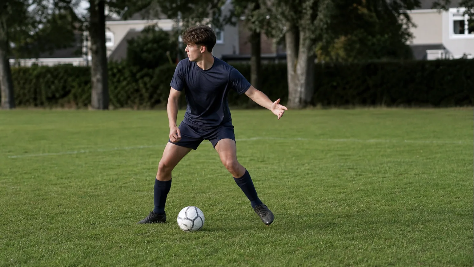 An anonymous youth footballer reading the space before a first touch on a local grass pitch, the coach's teaching point implied by the...
