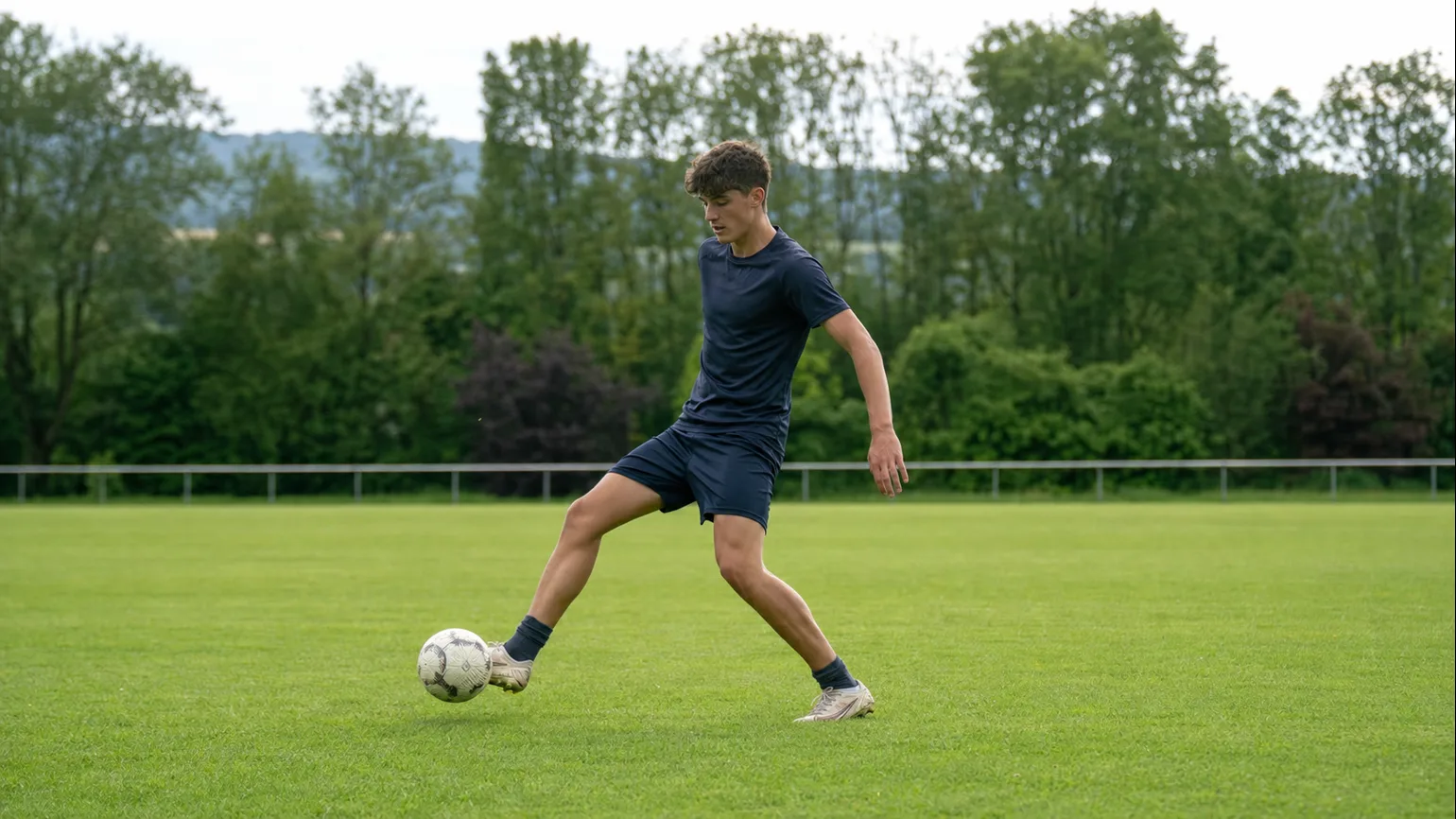 An anonymous youth footballer receiving a clean first touch and creating the next action on a local grass pitch, realistic daily training
