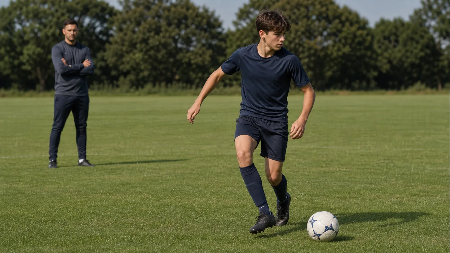 a player mid-shuttle between cones under floodlights, breath visible in cold air