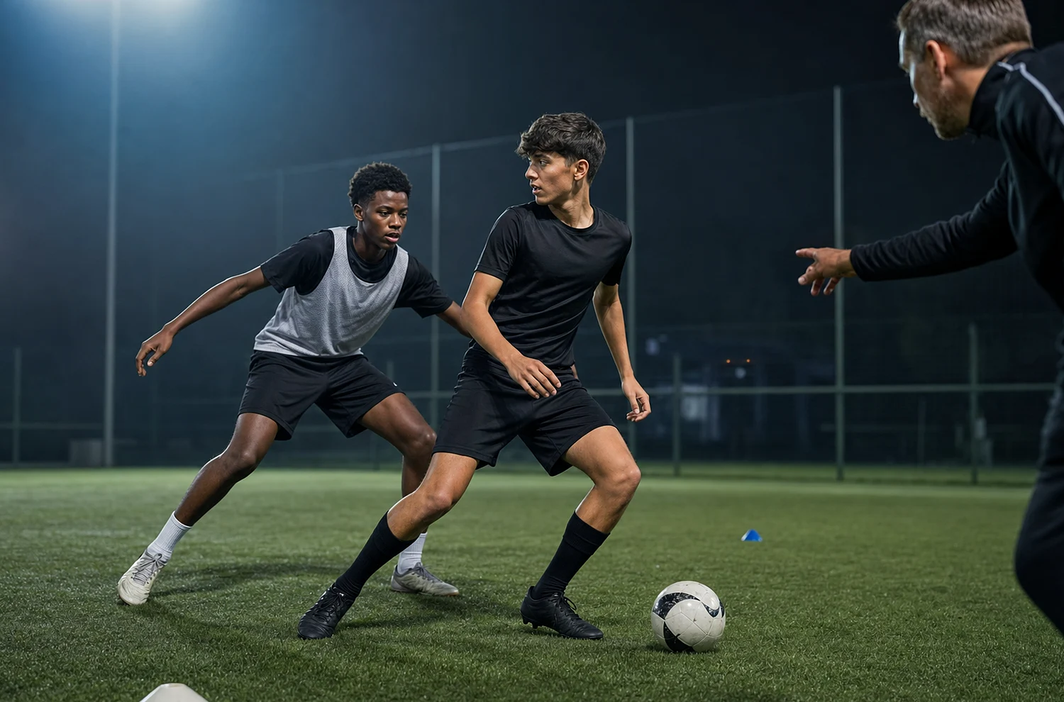 A coach guides two players through body shape and pressure in a realistic training session