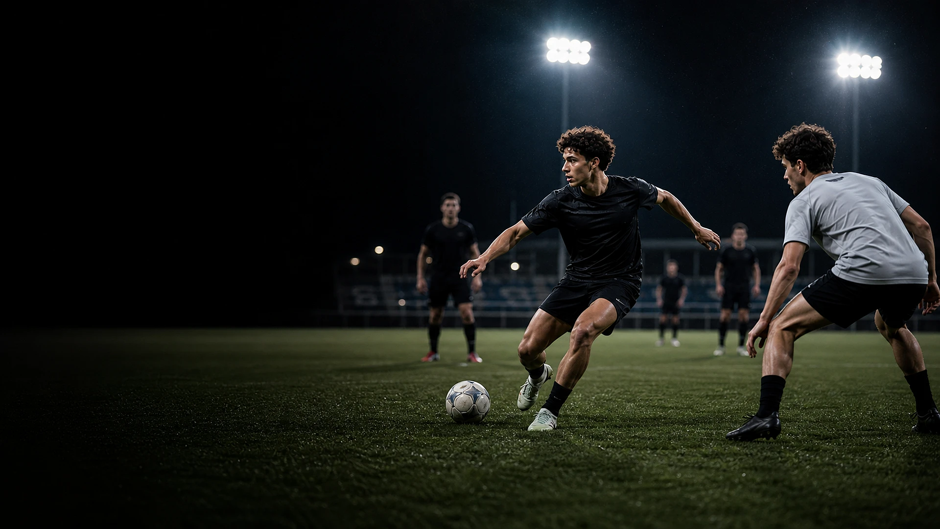 A footballer in black dribbling under floodlights as a defender closes him down