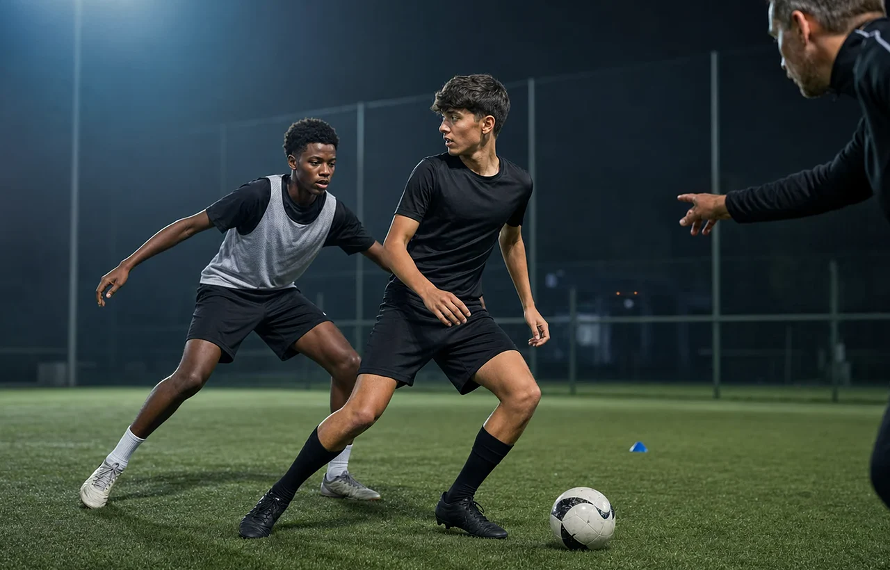 A footballer prepares body shape before receiving under pressure