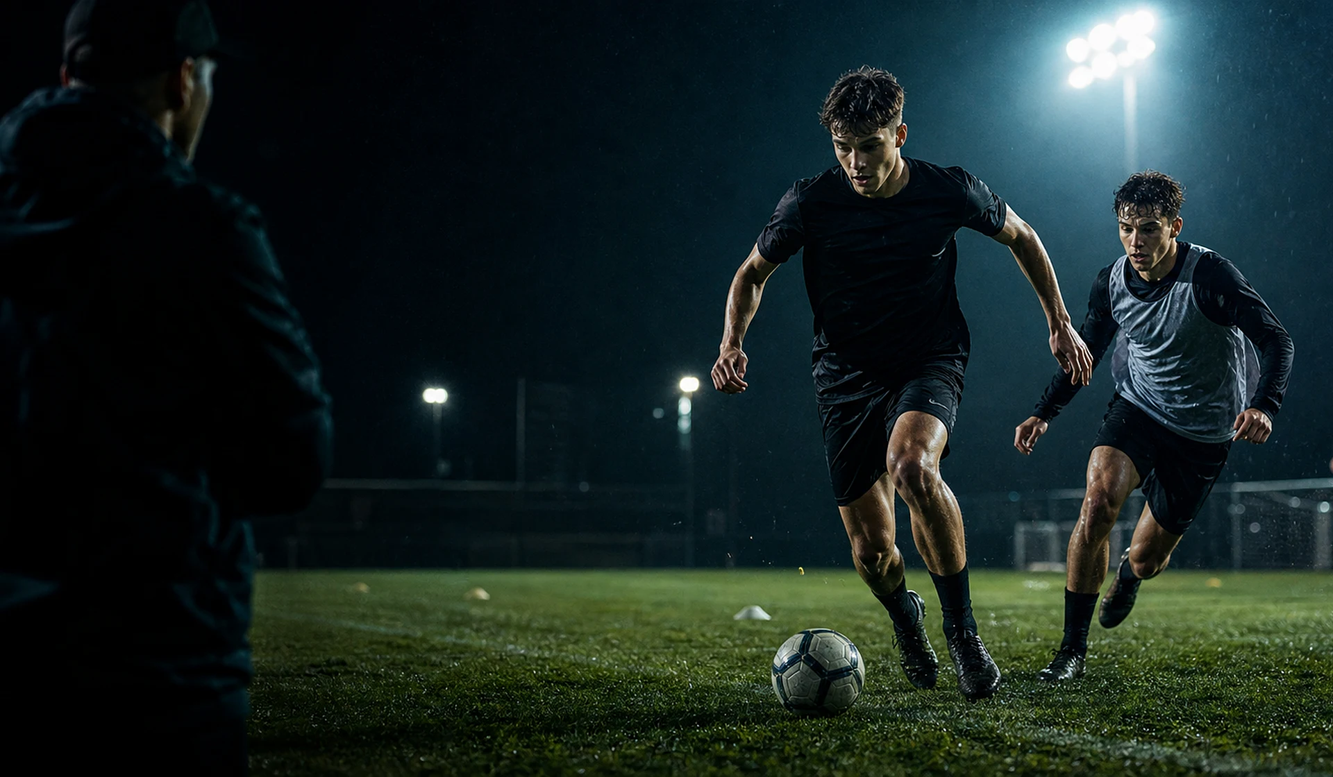 A footballer drives forward while pressure closes and the next action matters