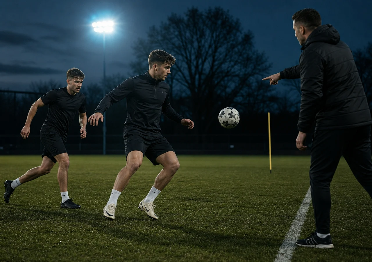Coach points toward open space as a player prepares before first touch