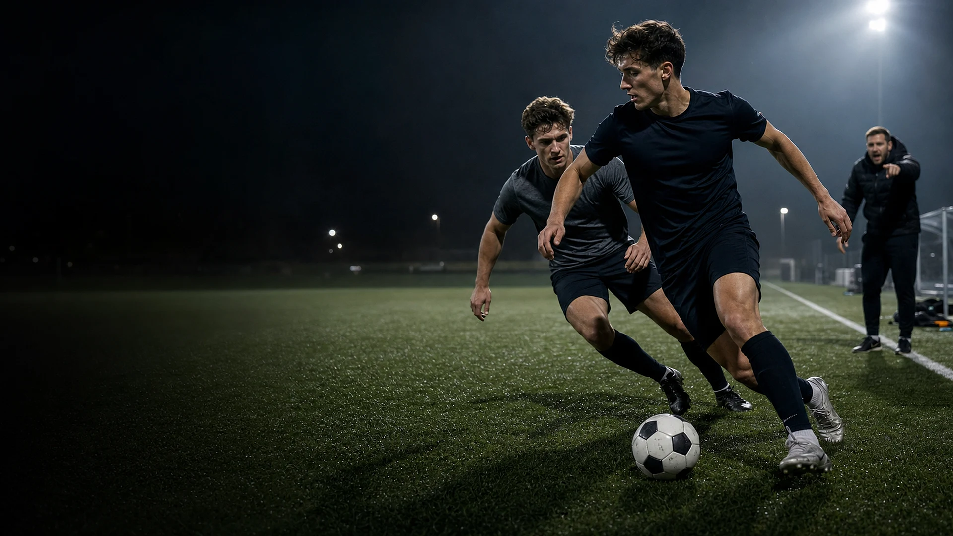 Footballer training under floodlights with pressure behind him