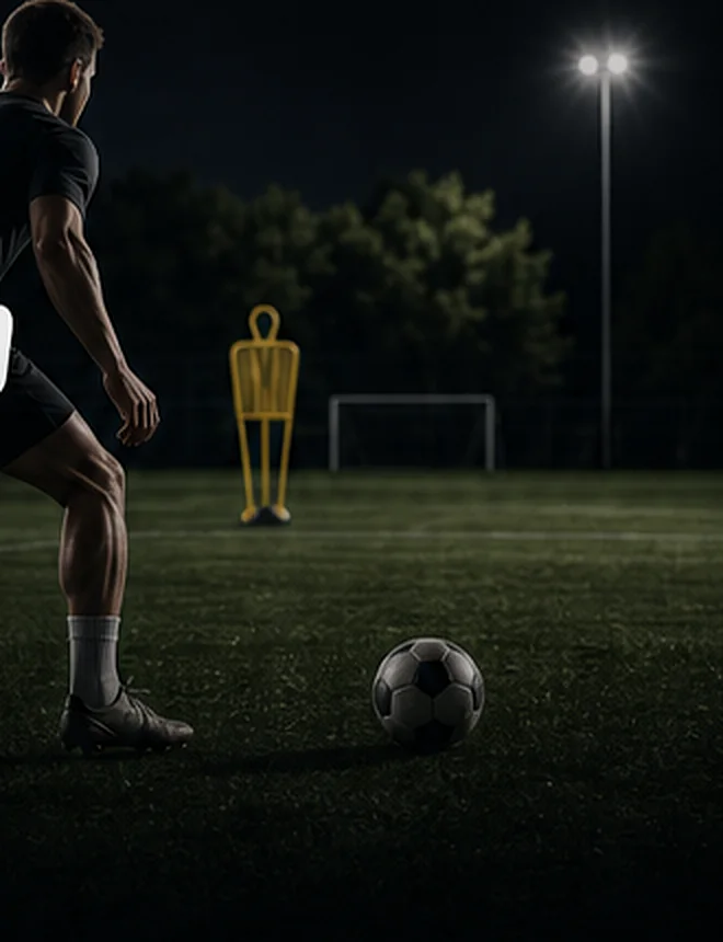 Football player preparing to train under floodlights